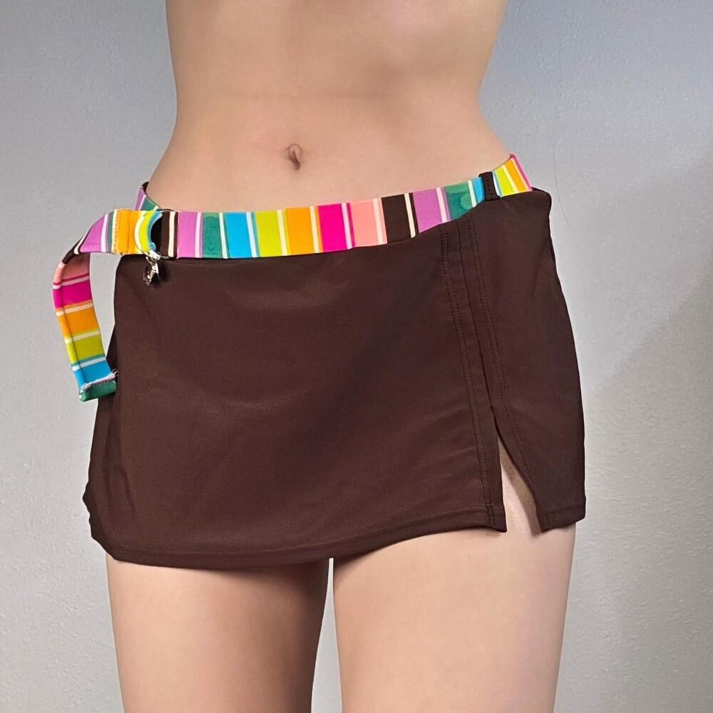 Swim Mirco Mini Skirt Y2K Brown Low Rise Rainbow Stripe Belted Bikini Bottom 8